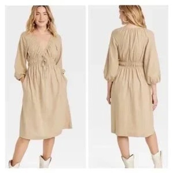 Universal Thread Wmn's Summer Linen Tie-Front Puff 3/4 Sleeve Midi Dress Tan -XS - Picture 1 of 13